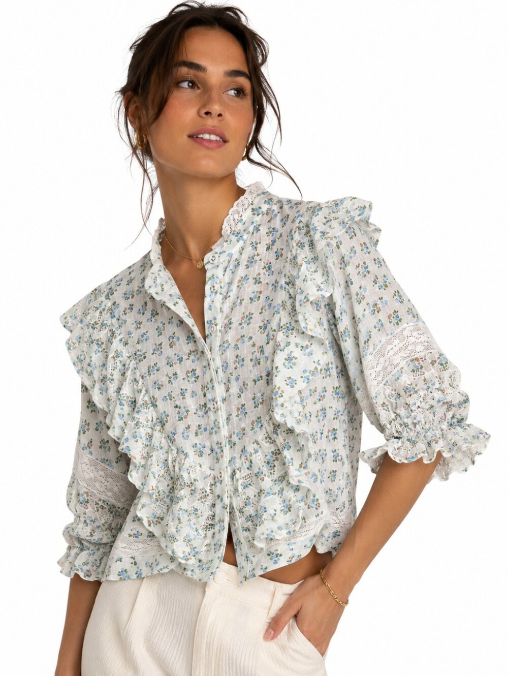 Place Nationale 100% Linen Floral Ruffle Lace Cottagecore Blouse Small